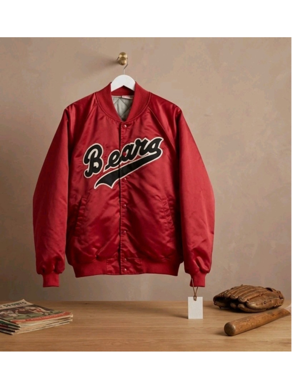 Vintage 80s Hartwell Red Satin Bomber Jacket Bears Patch Made in USA Quilted SzL